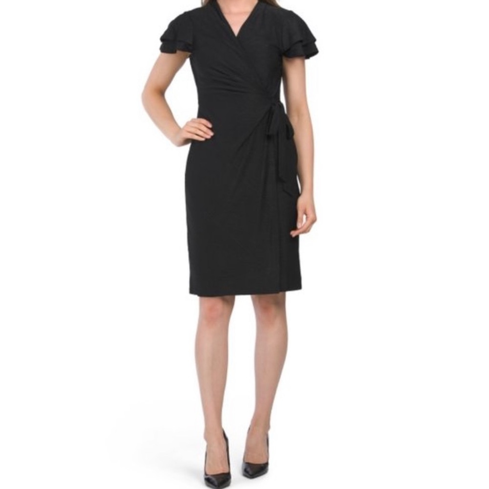 Anne Klein Women Black Flutter Sleeve Wrap Dress Jacquard Business Casual Size M